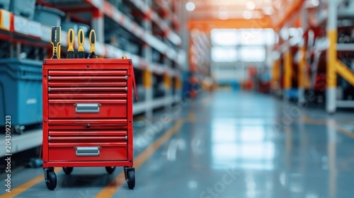 An organized red metal tool chest on wheels equipped with essential instruments is positioned in a spacious clean factory aisle highlighting industrial equipment storage