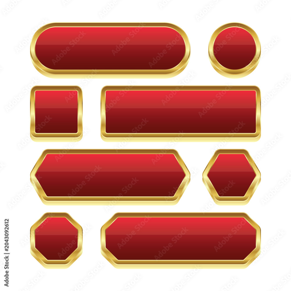 Fototapeta premium Luxury Glossy Red and Gold Button Set with Premium Web UI Labels Vector Illustration