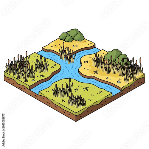 Foto Illustration of a cross-section river delta ecosystem with water and plants