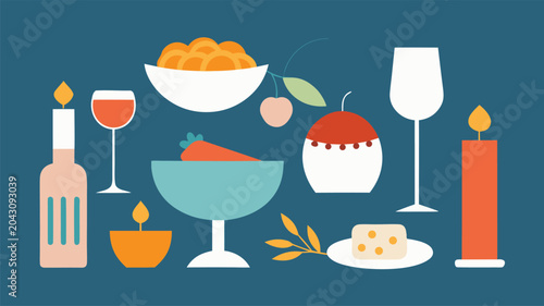 Quadro em tela Illustration of shabbat dinner table setting with wine and traditional foods