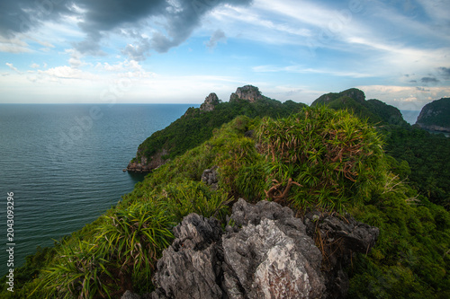Canvas Print On a mountaintop situated on an island in the sea, covered in trees and forests