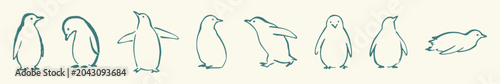 Foto Hand drawn rough sketch of penguin set, loose ink drawn bird characters in various poses and waddling expressions