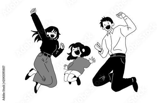 元気にジャンプする笑顔の家族3人のイラスト
