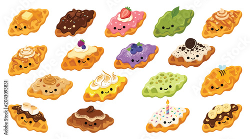 Tableau sur toile Collection of Cute Kawaii Waffles with Various Toppings and Happy Faces