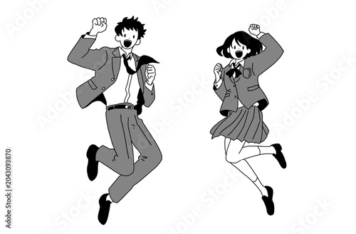 元気にジャンプする高校生男女のイラスト