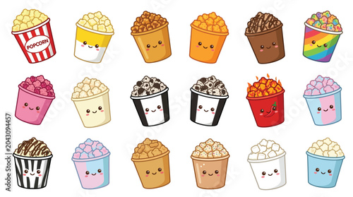 Cuadro en lienzo A delightful collection of cute cartoon popcorn buckets with various flavors and toppings, each featuring a happy smiling face