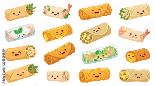 Fotografie A delightful collection of kawaii-style spring rolls and egg rolls, each with a unique cute face, presented on a white background