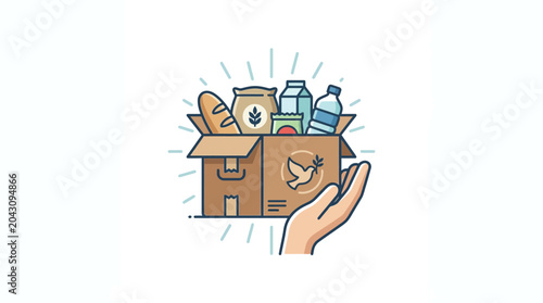 Photos Donation Box with Food Supplies and Hand Gesture
