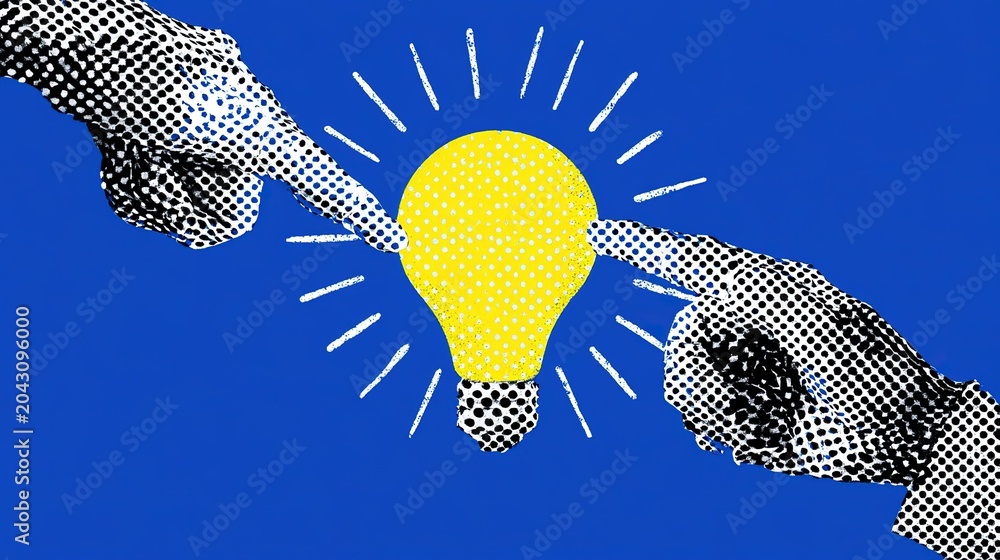 Obraz premium Creative halftone graphic with two black-white dotted stylized hands pointing toward central glowing yellow textured lightbulb surrounded by radiant white rays on vivid solid blue backdrop