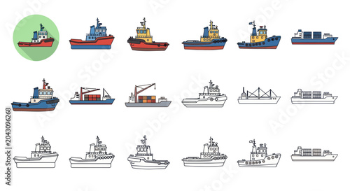 Quadro su tela Collection of various cargo ships vessels.