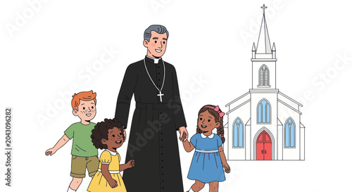 Tableau sur toile Catholic priest with three children.