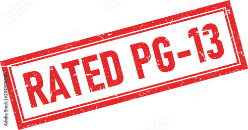 Distressed rectangular red ink stamp impression with the text Rated PG 13 printed cleanly in bold white letters
