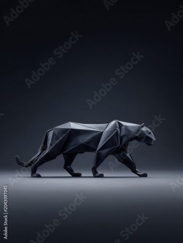 Black low poly panther sculpture walking in profile on dark studio background with copy space
