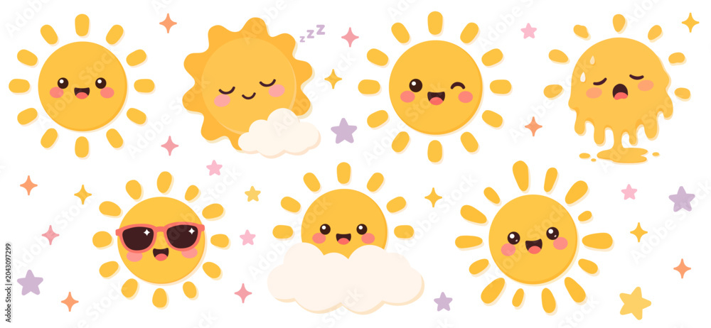 Fototapeta premium Cute Sun Character Collection Featuring Smiling Faces, Cloud Elements, Cheerful Summer Mascots Set