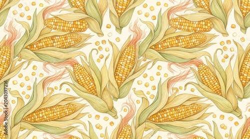 Corn cob seamless pattern featuring vintage hand-drawn botanical illustrations of sweet corn with husks and silk for harvest-themed textile and packaging
