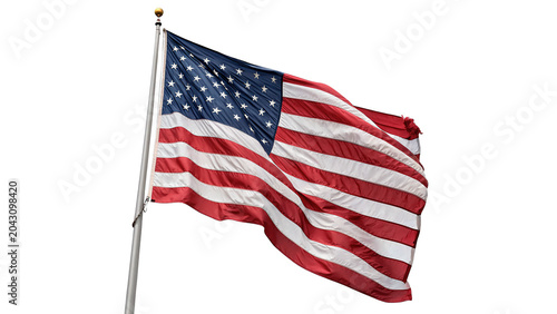Photos National flag of United States waving on a metallic silver flagpole isolated on