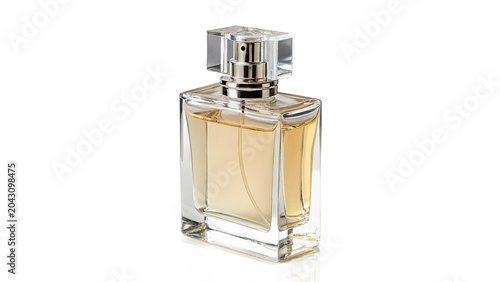 Fotografía Elegant clear glass perfume bottle with silver cap luxury fragrance isolated on
