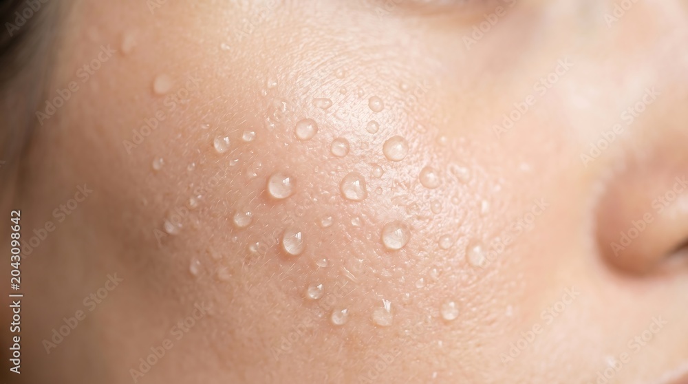Fototapeta premium Close-up of woman's face with water droplets on cheek