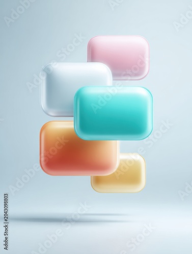 Floating glossy rounded rectangle panels in pastel colors on light blue minimal background