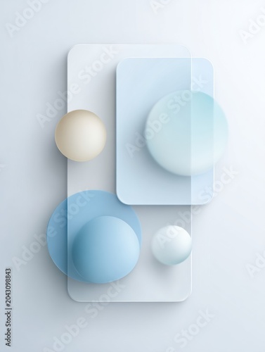 Minimal pastel 3D geometric composition with translucent rounded rectangles and floating spheres