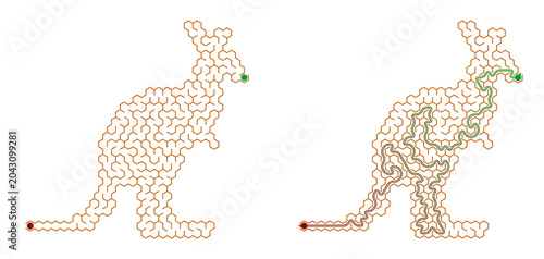 Tableau sur toile Maze puzzle of a Kangaroo with solution path and answer key, labyrinth activity