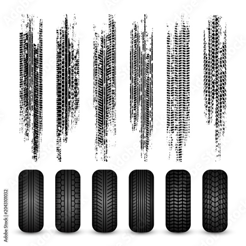 Grunge tire tracks, rubber wheels, and braking marks. Truck, car, or motorcycle tread pattern silhouettes. Perfect for auto racing, motorsport, and speed-related designs. Vector illustration
