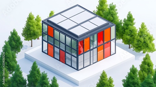 Isometric view of modern modular house with large glass windows in green forest setting