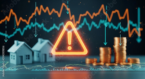 Glowing orange warning sign icon in front of declining financial charts and housing models