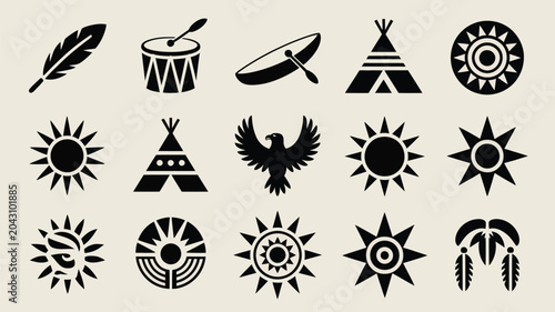 Native american symbols feather drum canoe eagle teepee sun circle graphic icons.