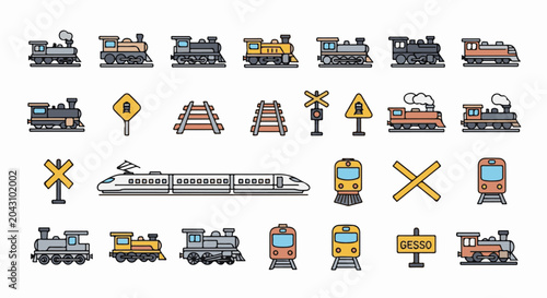 Collection of stylized train icons and railway related symbols