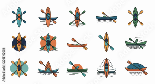 Collection of stylized icons depicting various kayaks and paddles on water