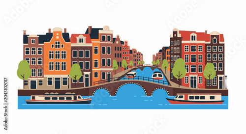 Colorful row houses line a canal with arched bridges and boats