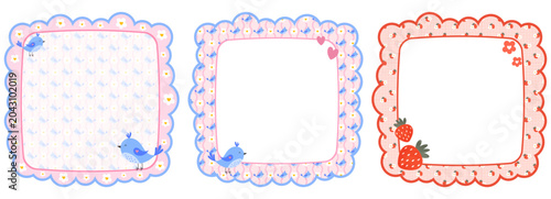 Memo background school frame note bird kid cute planner notepad. This composition combines a torn paper edge with a pink kawaii bird and a strawberry label for a playful stationery design. A.