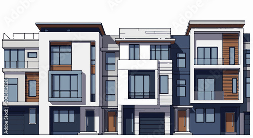 Contemporary multi-story residential buildings with diverse window placements and accents