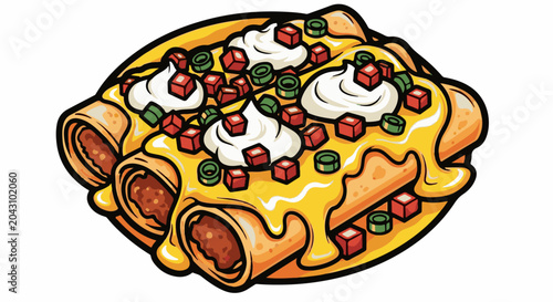 Delicious enchiladas topped with cheese, cream, and chopped ingredients