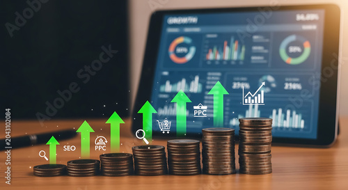 Green rising arrows on stack of coins for business growth and PPC marketing analysis