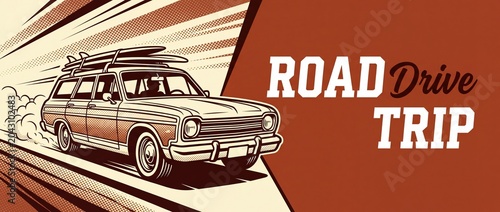 Vintage station wagon road trip retro pop art illustration depicting classic family car driving fast with surfboards on roof rack for summer beach vacation adventure background banner graphic art.