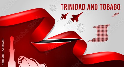 Foto Trinidad and Tobago National Day Background with Waving Flag Ribbon, Map and Sky