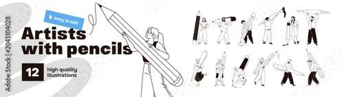 Foto Outline set of tiny people holding different stationery