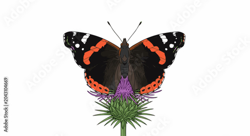 Detailed illustration of a red admiral butterfly perched on a thistle