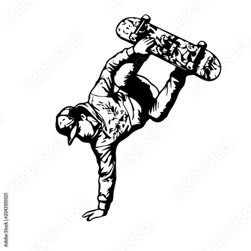 Searchable Title
Black and White Skateboarder Vector Illustration – Urban Skateboard Ollie Jump Trick Graphic, Line Art Stencil of Skater in image