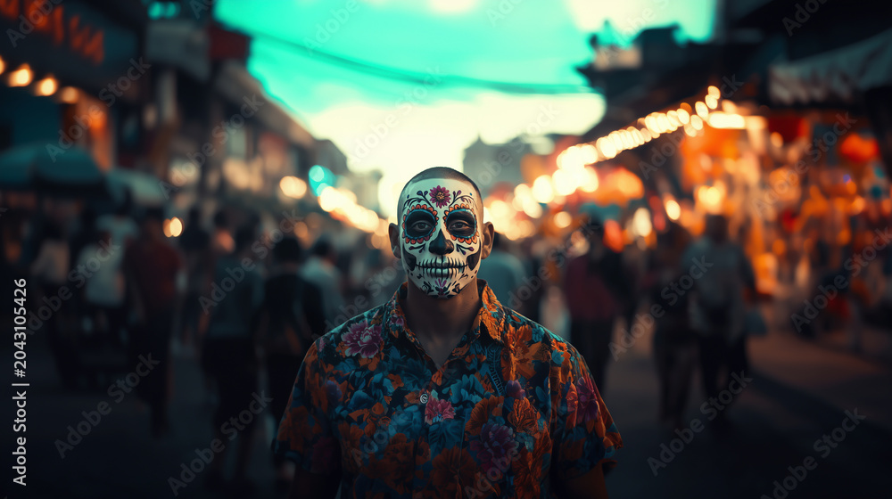 Obraz premium Vibrant celebration of Dia de los Muertos in a lively market atmosphere