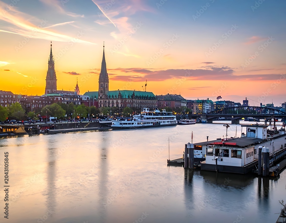 Fototapeta premium A serene harbor at sunset with boats and historic architecture