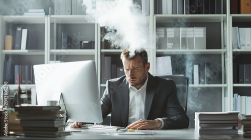Office worker frustrated by computer issues during work hours