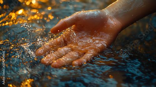 Hands gently reaching into shimmering water during sunset