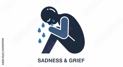 Silhouette of a crying figure embracing knees, conveying sadness and grief