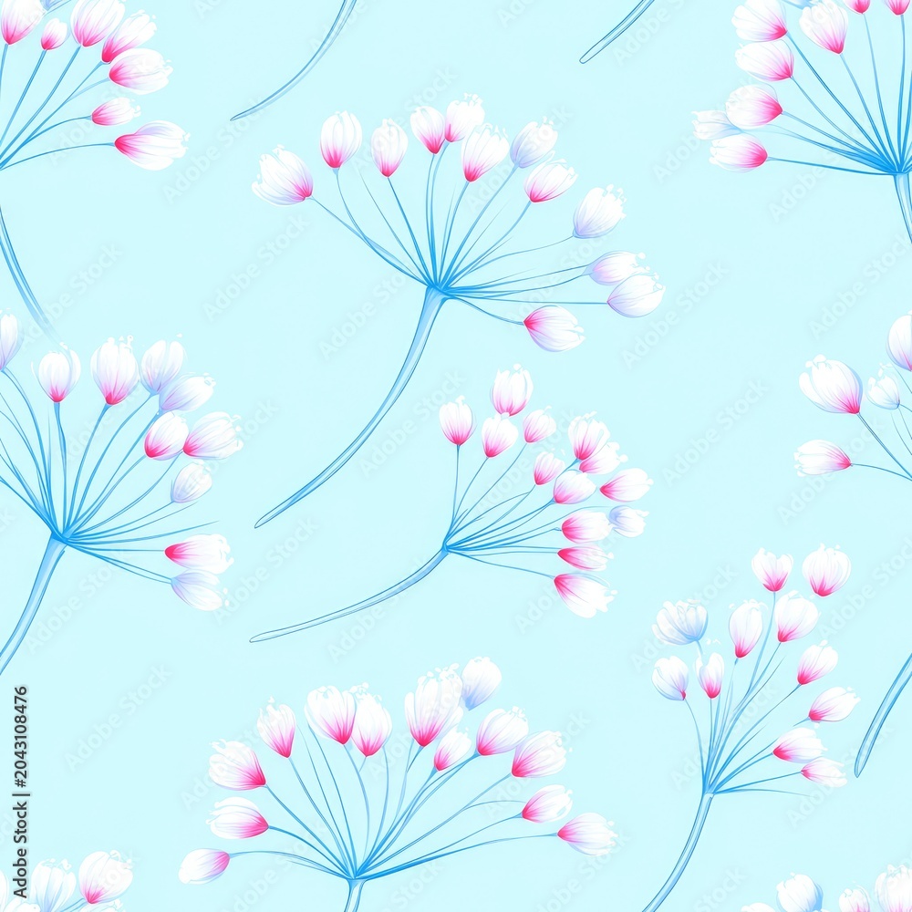 Obraz premium Delicate floral seamless pattern with stylized pink and white umbel flowers on light blue background