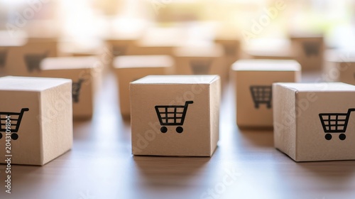 E-commerce delivery boxes with shopping cart icons arranged on an organized desk in soft light