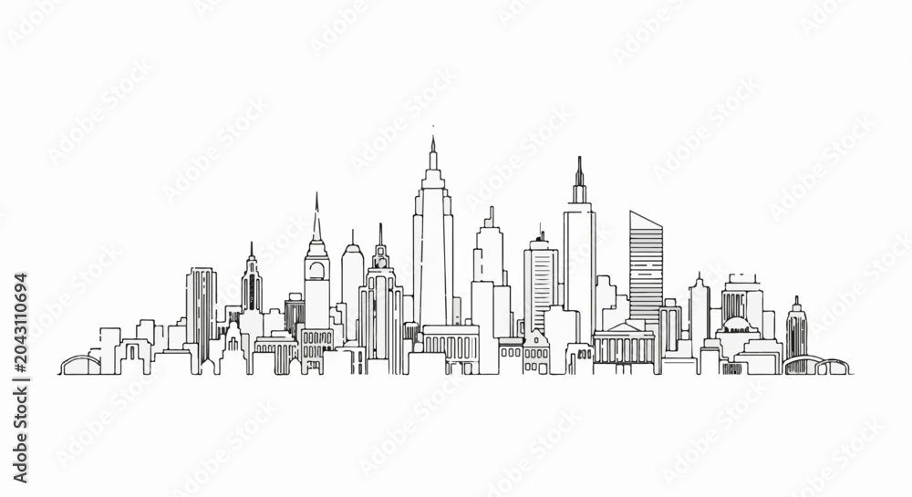 Fototapeta premium Stylized black and white outline of a city skyline with various tall buildings