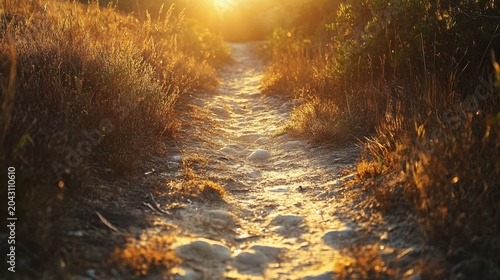 Golden hour sunlight bathes a peaceful dirt trail, inviting exploration and serene outdoor journeys